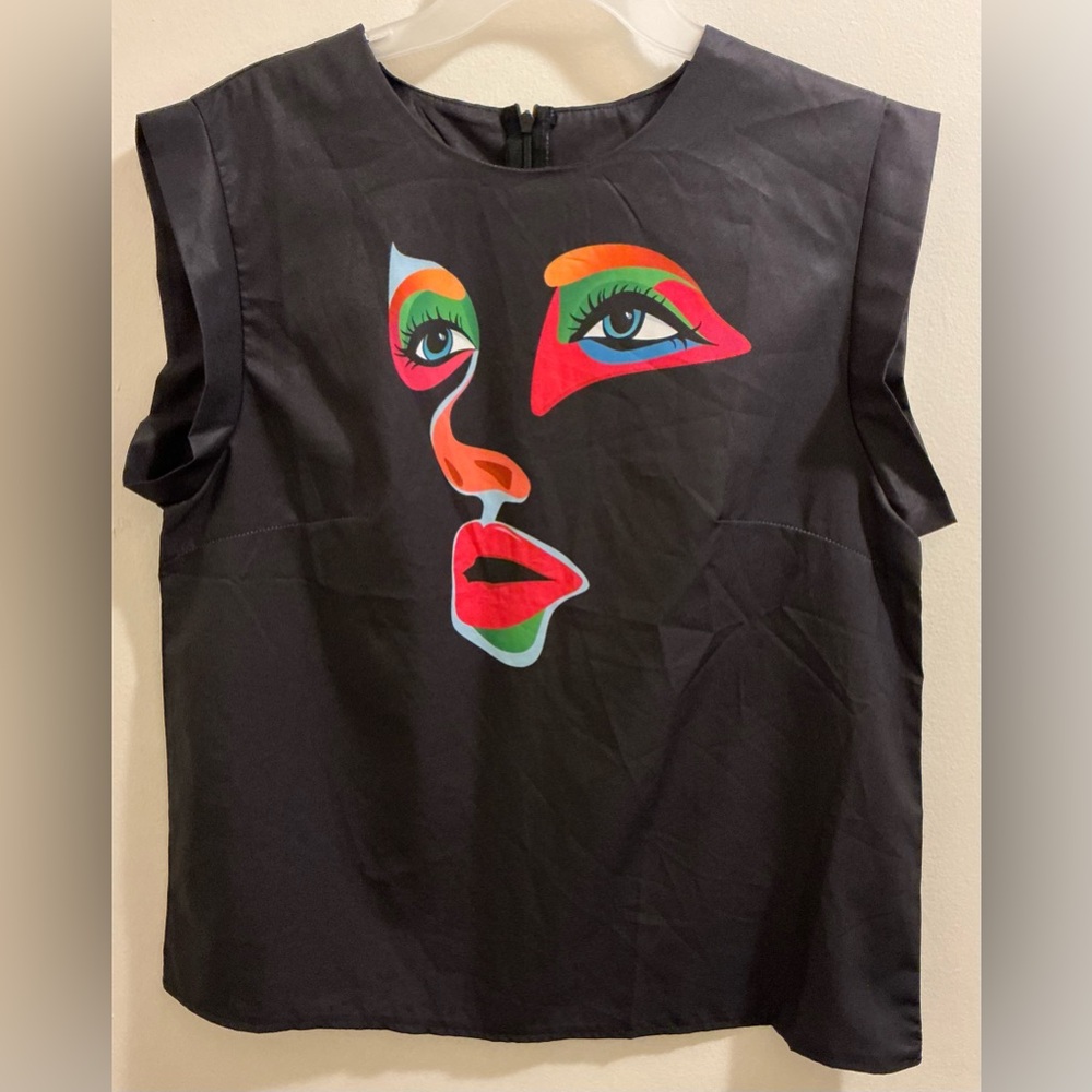 Woman’s Vibrant Graphic Black Blouse by Emory Rose